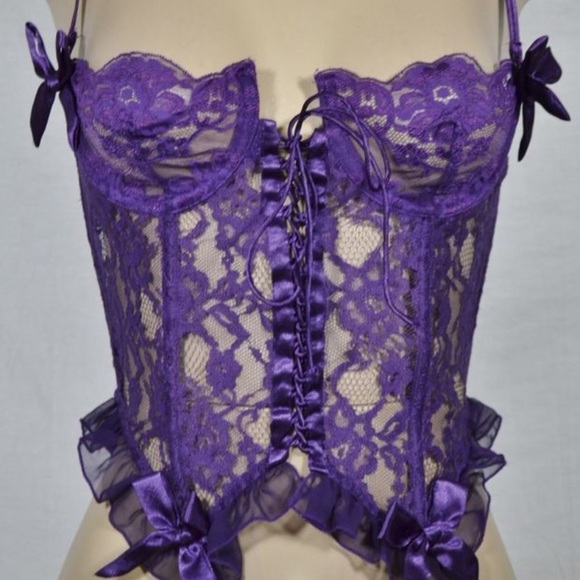 Vintage 80’s Mesh Lace Up Corset Royal Purple Bustier 34B - Picture 3 of 7